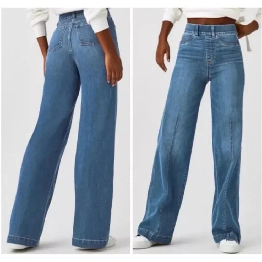 Spanx Seamed Front Wide Leg Jeans Large Vintage Indigo Slimming l Size Medium